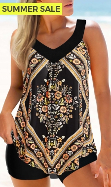 Wide Strap Curved Hem Floral Print Tankini Top