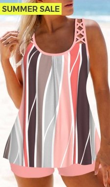 Criss Cross Geometric Print Pink Tankini Top