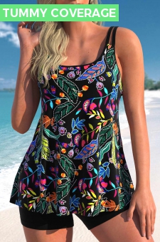 Scoop Neck Floral Print Black Tankini Top
