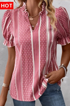 Pink Frill Striped Short Sleeve Split Neck Blouse