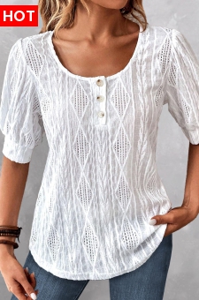White Button Short Sleeve Round Neck Blouse