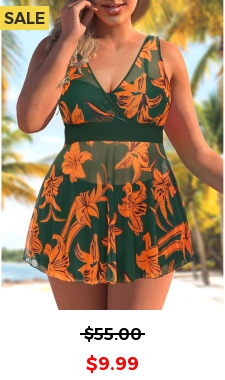 Plus Size Floral Print Olive Green Swimdress and Shorts