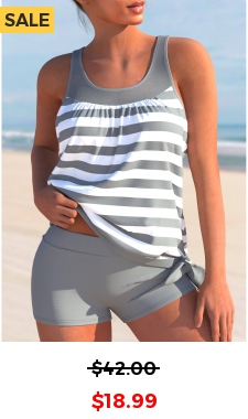 Striped Mesh Wide Strap Light Grey Tankini Top