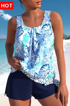 Bowknot High Waisted Floral Print Blue Tankini Set