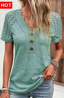 Green Lace Short Sleeve V Neck T Shirt
