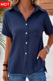 Navy Pocket Short Sleeve Shirt Collar Blouse