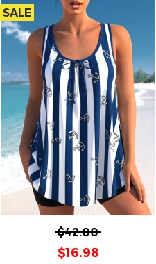 Striped Navy Blue Bowknot Tankini Top