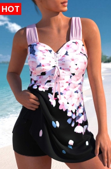 Drawstring Floral Print Pink Swimdress Top