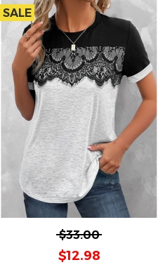 Grey Lace Short Sleeve Round Neck T Shirt