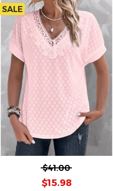 Pink Lace Short Sleeve V Neck T Shirt