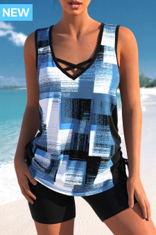 Criss Cross Geometric Print Denim Blue Tankini Top