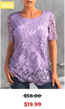 Lace Embroidered Light Purple 3/4 Sleeve T Shirt