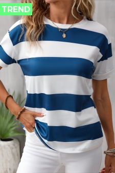 Blue Striped Short Sleeve Round Neck T Shirt