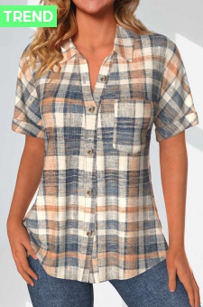 Multi Color Button Geometric Print Short Sleeve Blouse