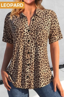 Dark Camel Button Leopard Short Sleeve Blouse