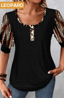 Black Patchwork Leopard Half Sleeve Scoop Neck Blouse