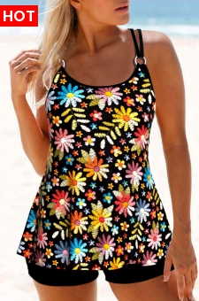 Circular Ring Floral Print Black Tankini Top
