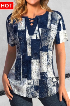 Navy Lace Up Geometric Print Short Sleeve Blouse