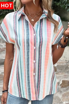 Multi Color Button Striped Short Sleeve Blouse