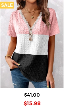 Pink Lace Short Sleeve V Neck T Shirt