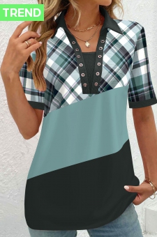 Sage Green Eyelet Plaid Short Sleeve Blouse