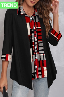 Black Fake 2in1 Geometric Print Blouse