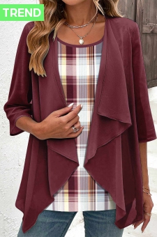 Deep Red Fake 2in1 Plaid Blouse