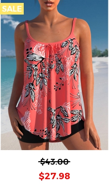 Bowknot Leaf Print Coral Red Tankini Top