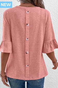 Pink Button Three Quarter Length Sleeve T Shirt