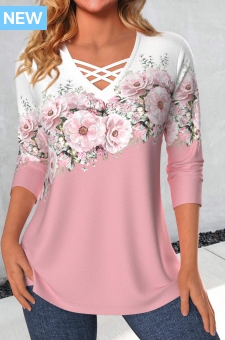 Pink Criss Cross Floral Print T Shirt