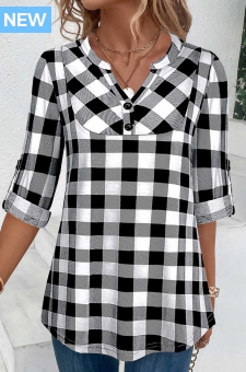 Black Button Plaid Three Quarter Length Sleeve Blouse