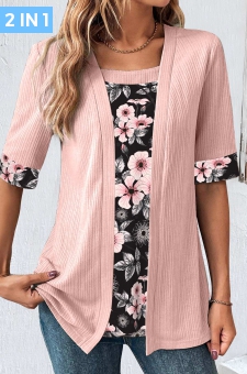 Light Pink Fake 2in1 Floral Print T Shirt