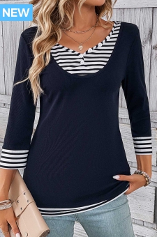 Navy Fake 2in1 Striped T Shirt