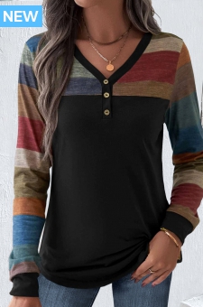 Multi Color Patchwork Striped Long Sleeve T Shirt
