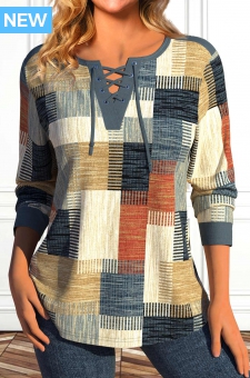 Multi Color Lace Up Geometric Print T Shirt