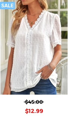 White Lace Short Sleeve V Neck Blouse