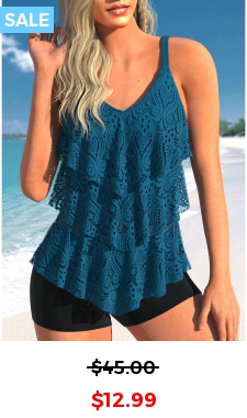 Lace Peacock Blue Layered Hem Tankini Top