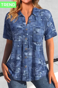 Denim Blue Pocket Short Sleeve Shirt Collar Blouse