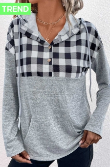 Light Grey Pocket Plaid Long Sleeve Hoodie