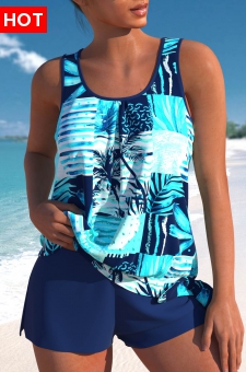 Tie High Waisted Tropical Plants Print Tankini Set