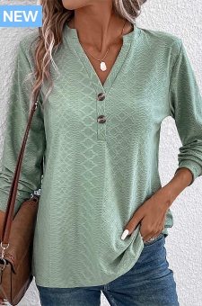 Green Button Long Sleeve Split Neck T Shirt