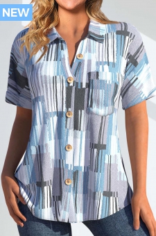 Light Blue Pocket Geometric Print Short Sleeve Blouse