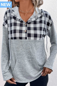 Light Grey Pocket Plaid Long Sleeve Hoodie