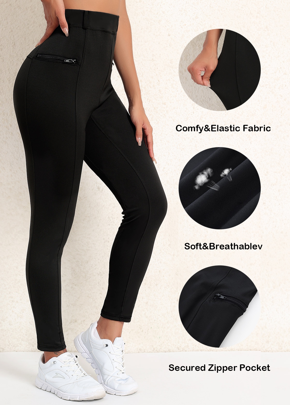 Black Zipper Skinny Elastic Waist Yoga Legging