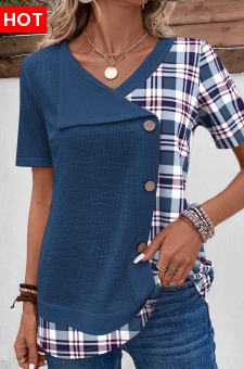 Blue Patchwork Plaid Short Sleeve T Shirt