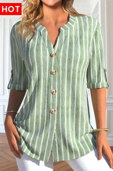 Light Green Button Striped Half Sleeve Blouse