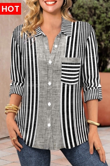 Black Patchwork Striped Long Sleeve Shirt Collar Blouse