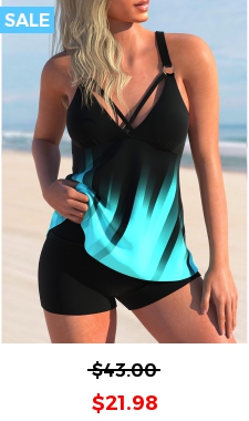 Criss Cross Ombre Cyan Tankini Top