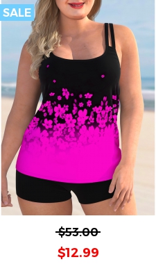 Plus Size Floral Print Spaghetti Strap Ombre Tankini Set