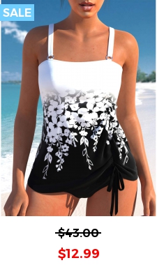 Drawstring Floral Print Black Tankini Top